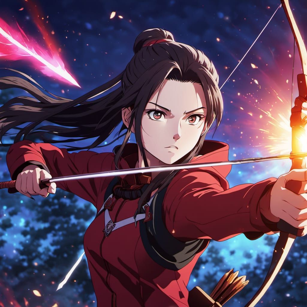 Rin Tohsaka Fires Magical Arrow in Vibrant Anime Splash Art