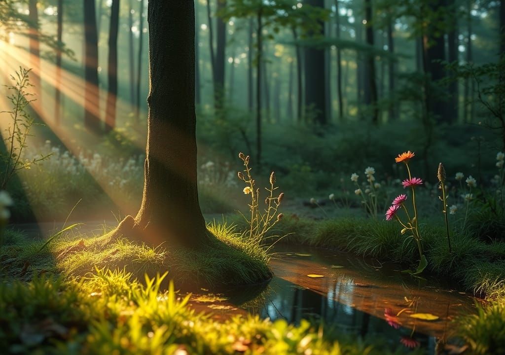 Sunlit Forest Sapling at Dawn with Wildflowers