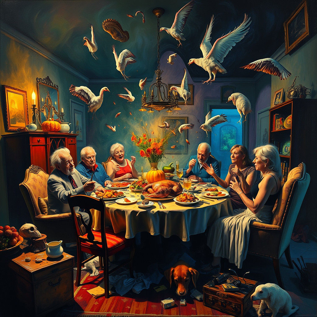 Psychedelic Thanksgiving Dinner Disaster in Surreal Pop Art