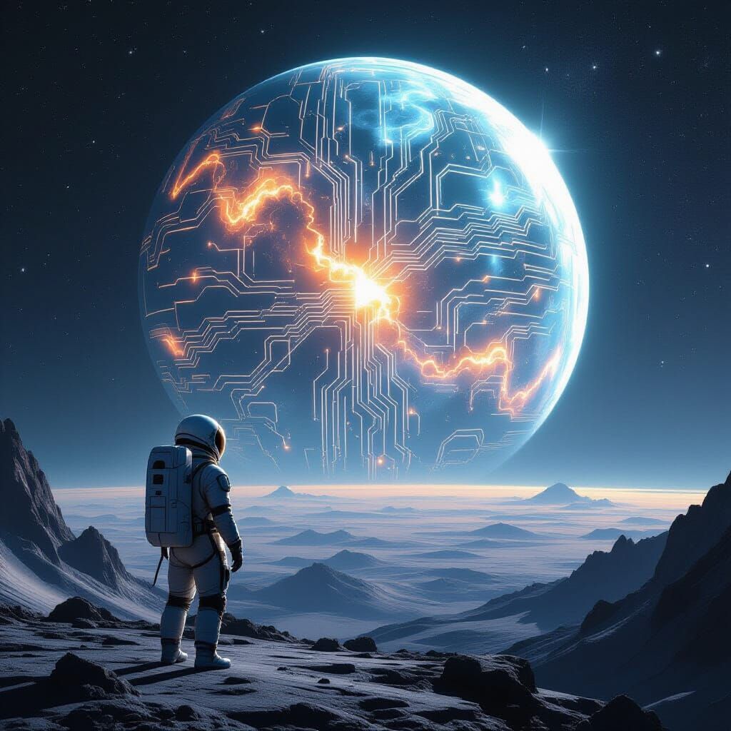 Astronaut Gazes at Crystalline Planet in Cosmic Void