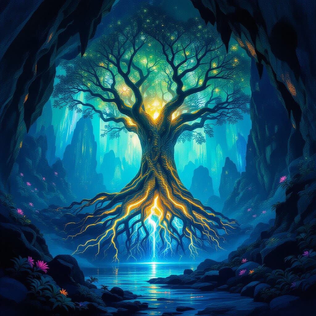 Ancient Tree in Luminous Crystal Cavern