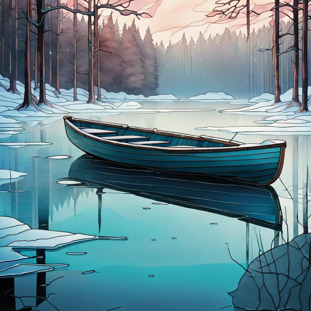 Nordic Winter Lake Rowboat in Stained Glass Style