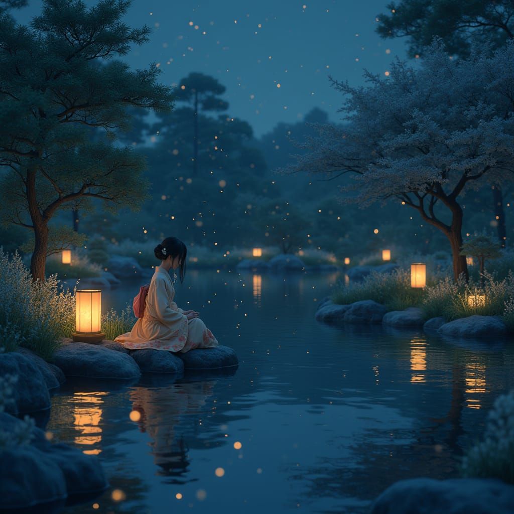 Japanese Garden at Midnight in Ethereal Style
