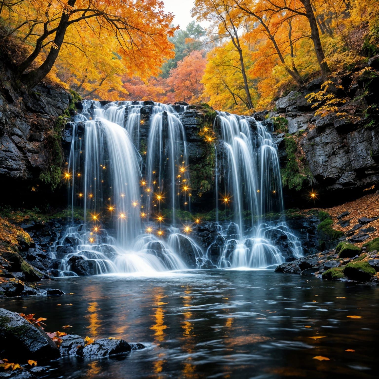 Autumn Waterfalls Aglow with Fairy Lights in 4K