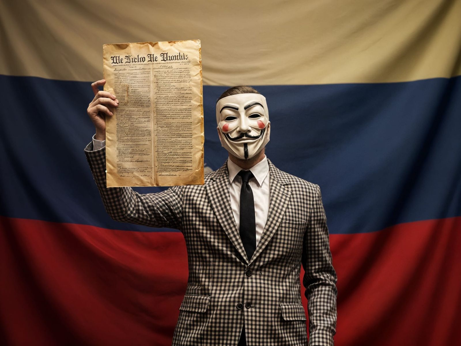 Anonymous Ray with his mask on in a Gingham Print suit holdi...