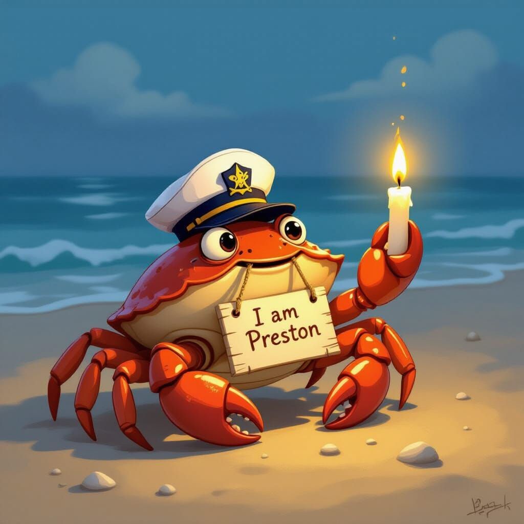 Whimsical Crab Holds Candle With 'I Am Preston' Sign