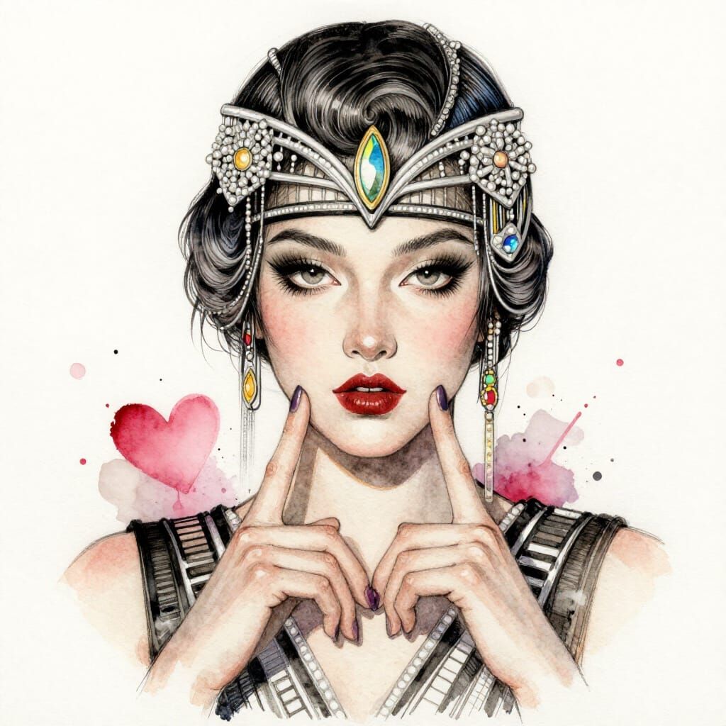 Art Deco Beauty With Love Gesture In Watercolour Sketch