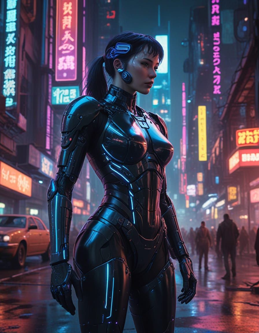 Cyborg Warrior Guarding Futuristic Metropolis in Neon Glow