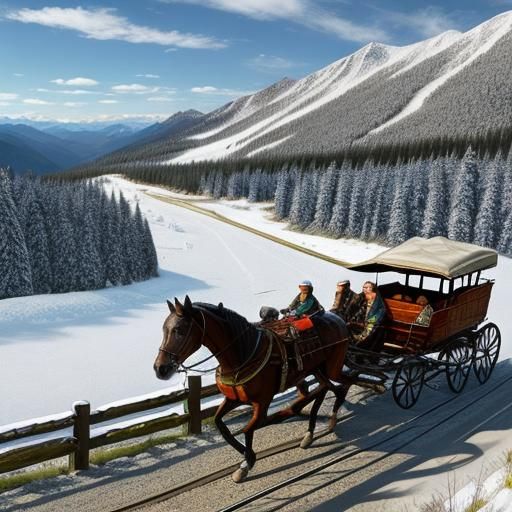Horse-Drawn Wagon Train Crossing Mountain Pass
