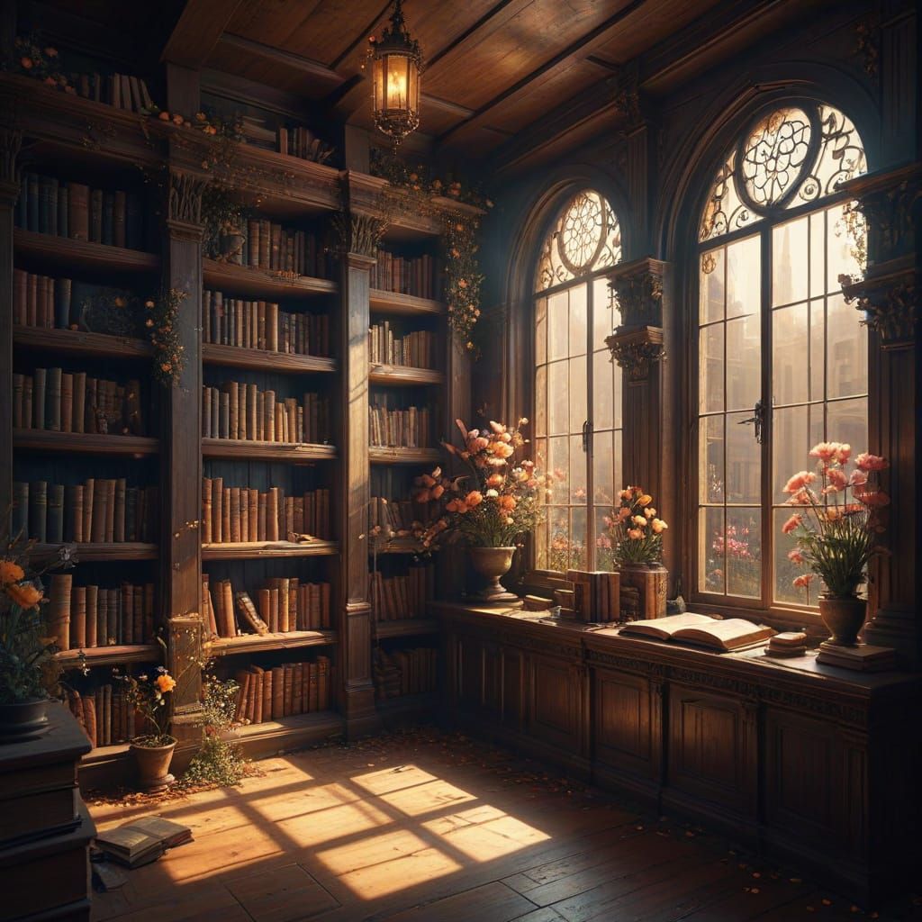 Enchanting Medieval Library with Realistic Magic Flowers