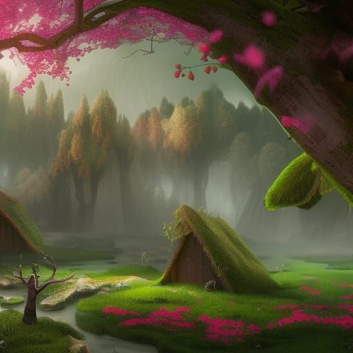 Fairytale Forest Home with Deer and Flowers