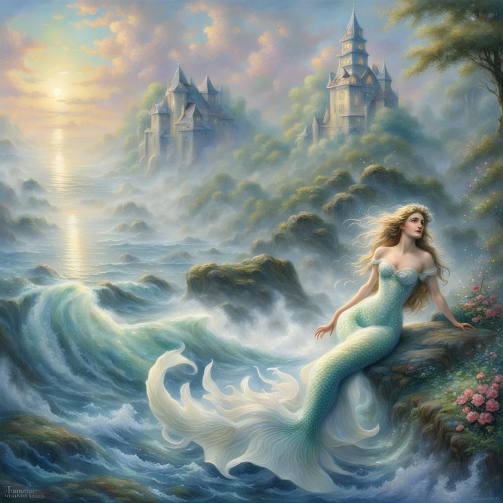 Ethereal White Mermaid in Misty Fantasy Landscape