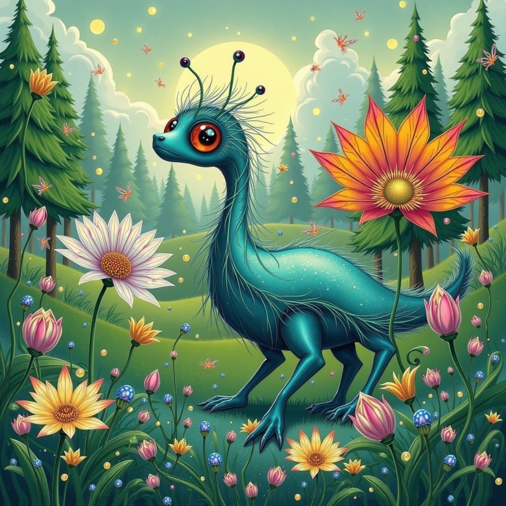 Furry Creature in Whimsical Forest, Murakami Style