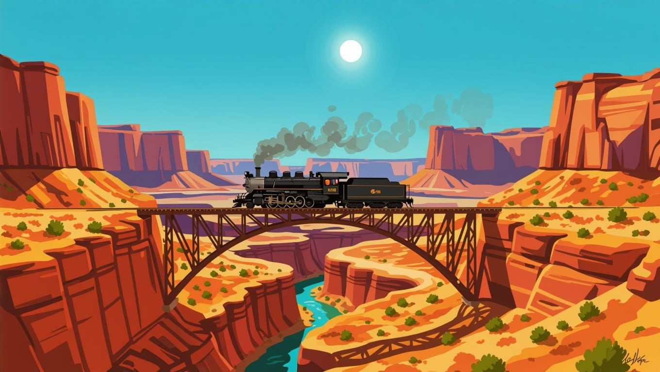 Vintage Diesel Train Crosses Desert Canyon Bridge