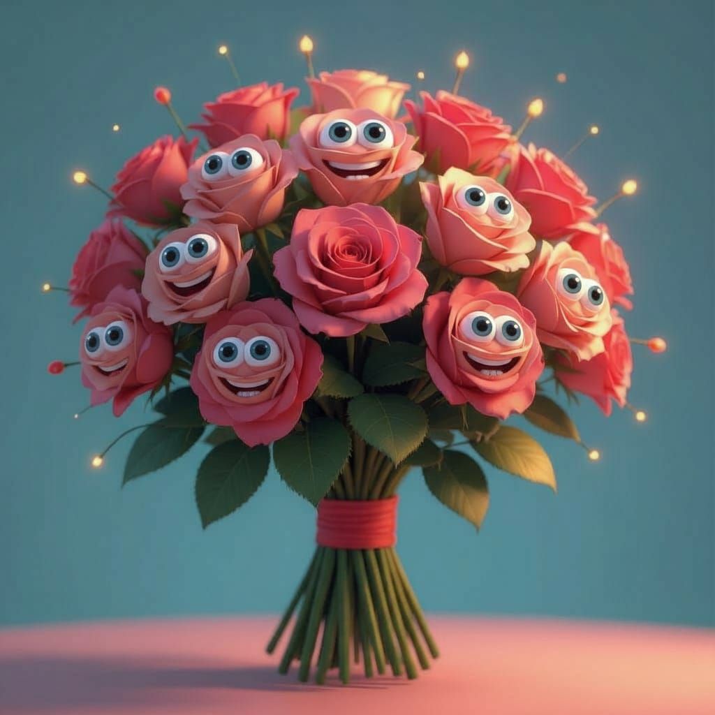 Smiling Rose Bouquet with Eyes in Pixar Style