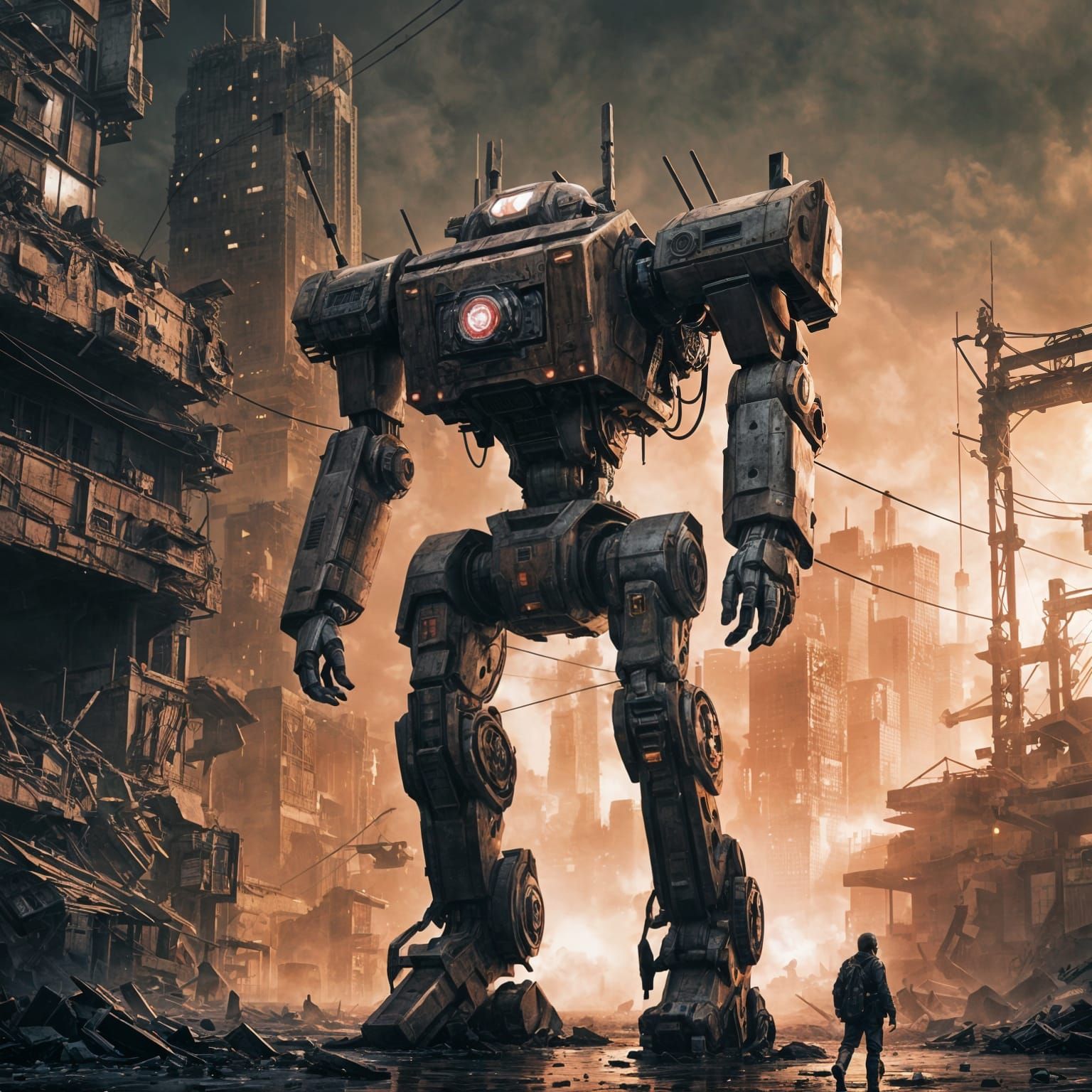 Giant Robot Walks Through Wrecked Dystopian City in Geometri...