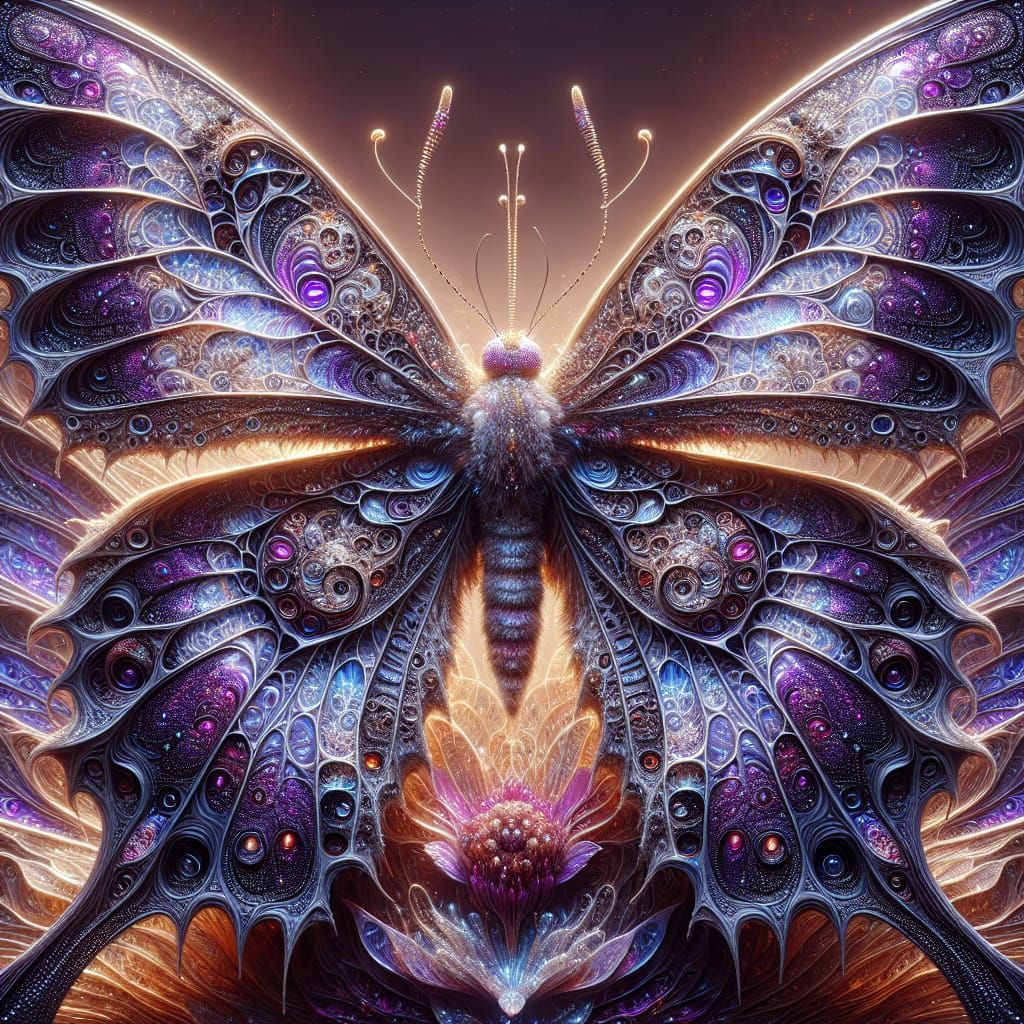 Gigantic Butterfly with Iridescent Wings and Alien Flower