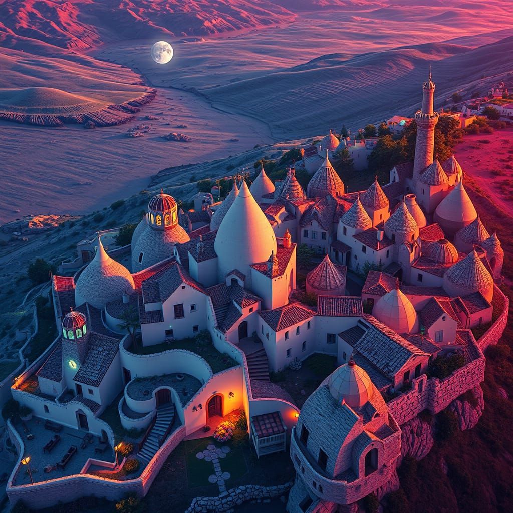 Fantasy Alberobello Trulli Houses in Vibrant Concept Art Sty...
