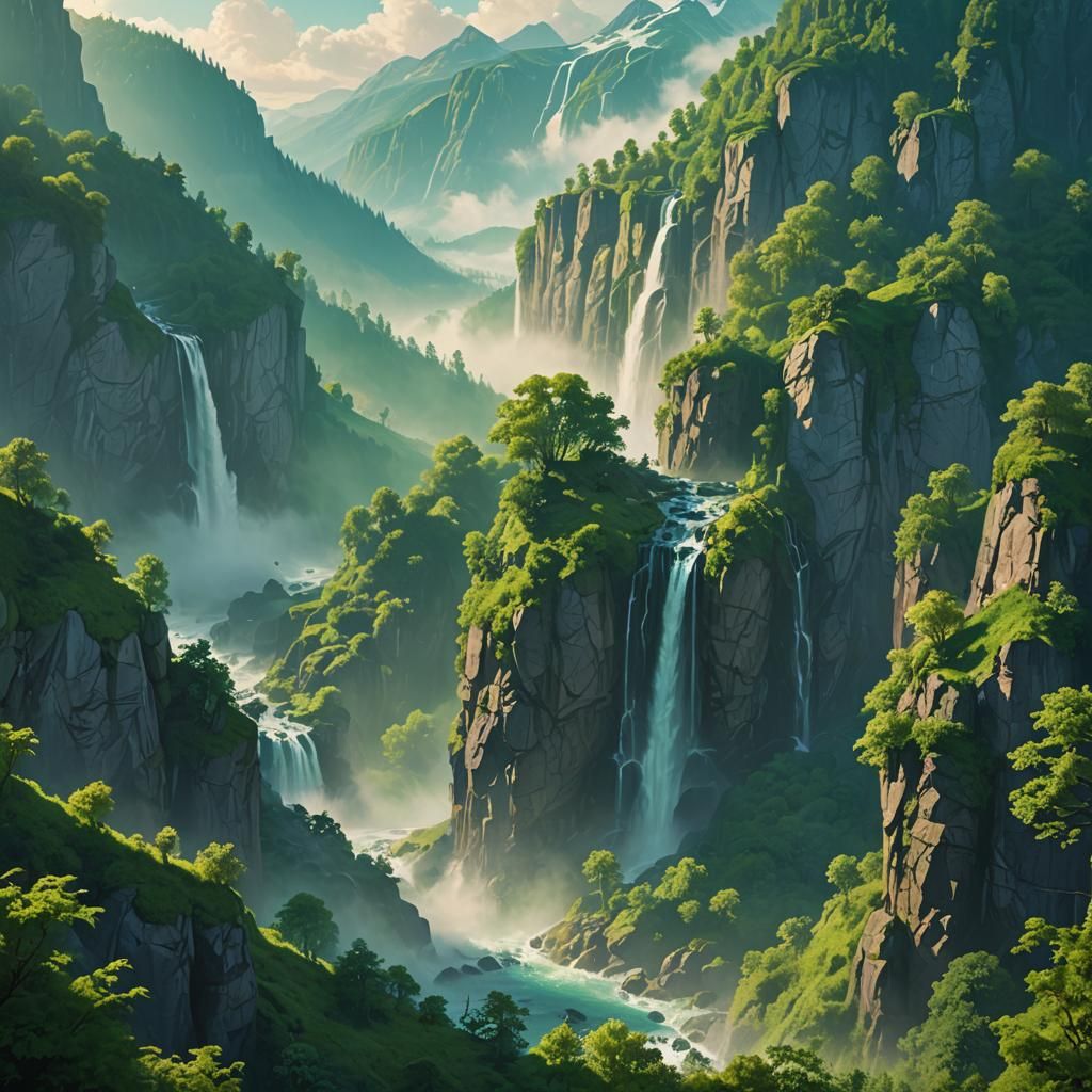 Dreamy Mountain Landscape with Lush Greenery