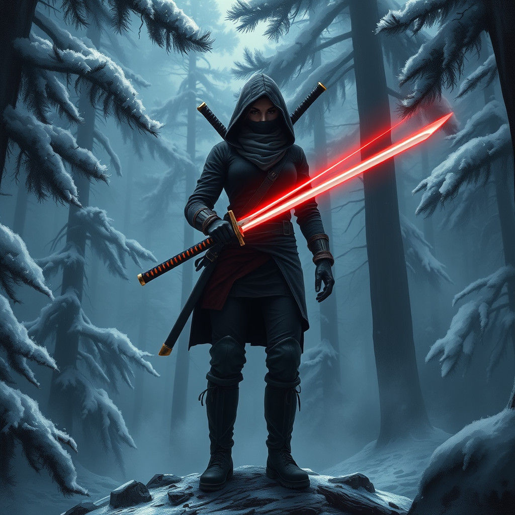 Ninja in Snowy Forest with Neon Katana