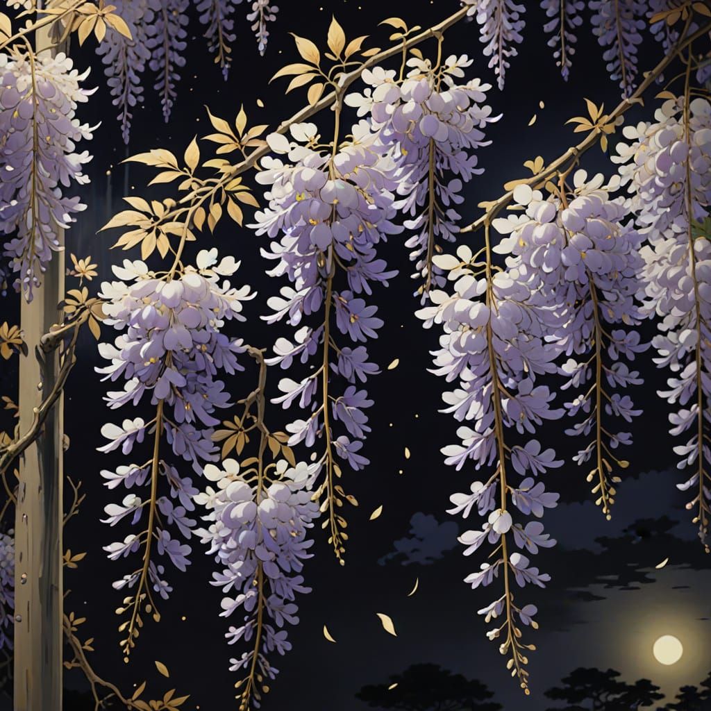 Moonlit Wisteria in Shin Hanga Style