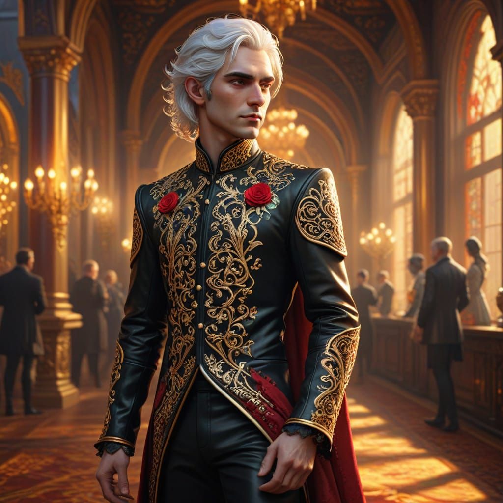 Fantasy Elf in Ornate Ballroom with Golden Aura