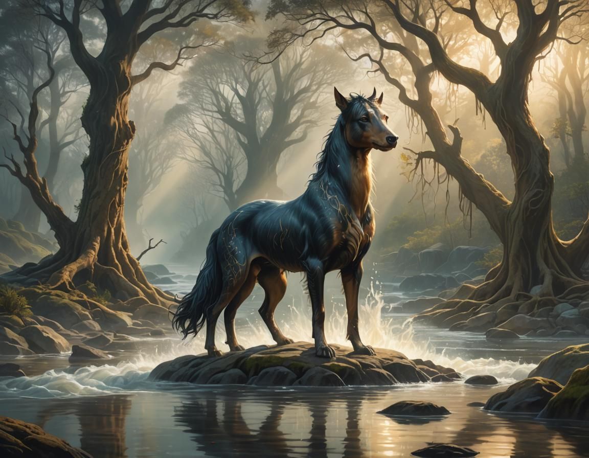 Mythical Water Spirit Sits on Riverbank