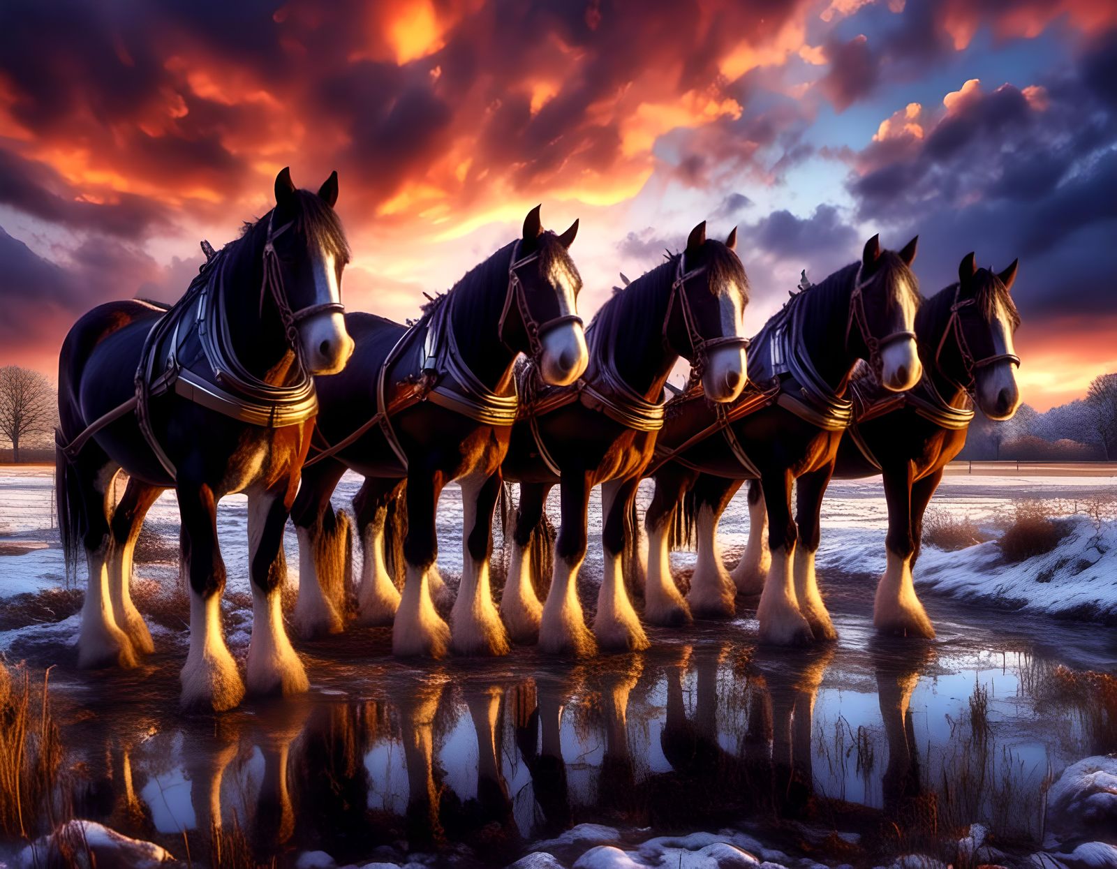 Hyperrealistic Clydesdales in Atmospheric Winter Scene