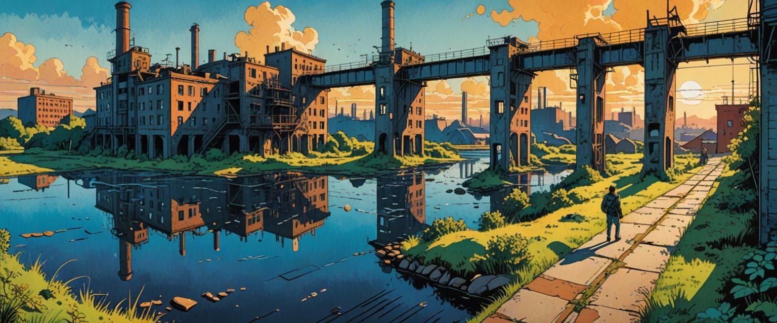 Couple Explore Abandoned Factory in Comic Book Style