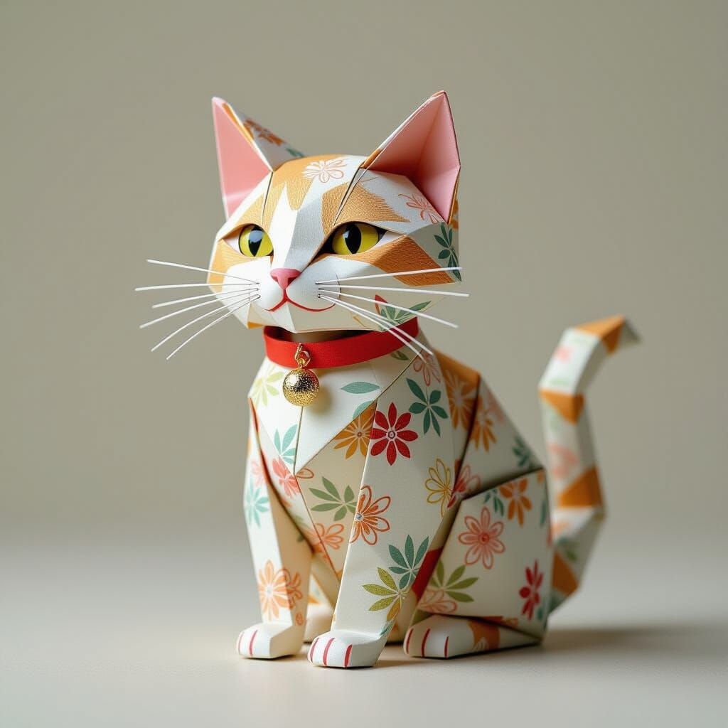 Origami Cat Sculpture Made of Japanese Paper