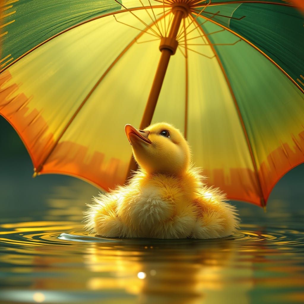 Whimsical Duckling Under Upside-Down Umbrella