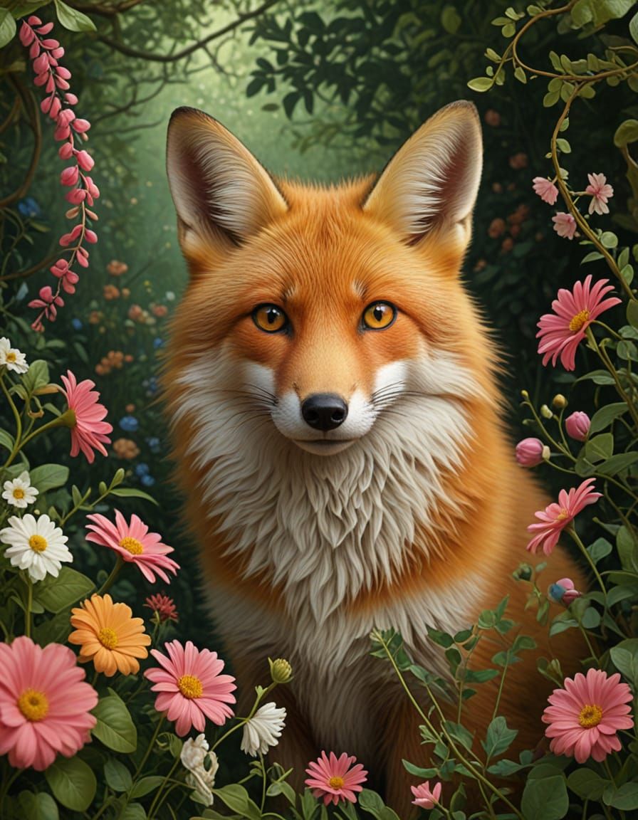 Surreal Fox Surrounded by Blooming Flowers in Whimsical Land...