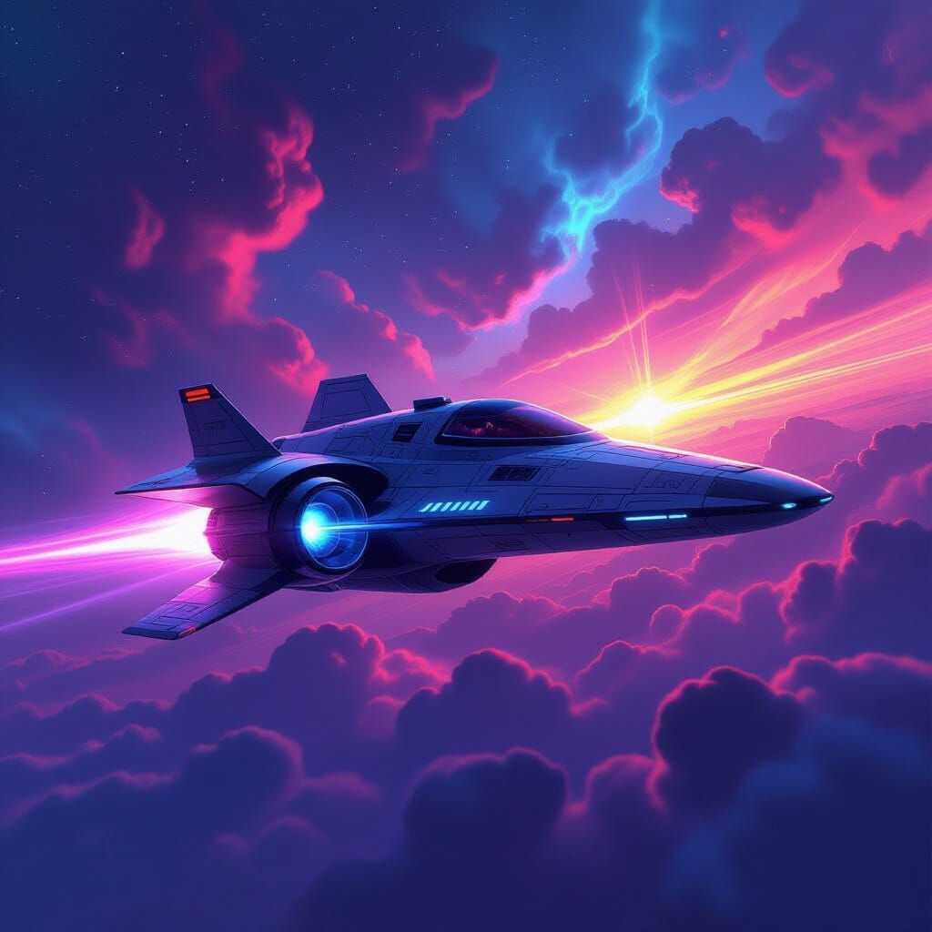 Sleek Starship Navigating Cosmic Storm: Digital Art