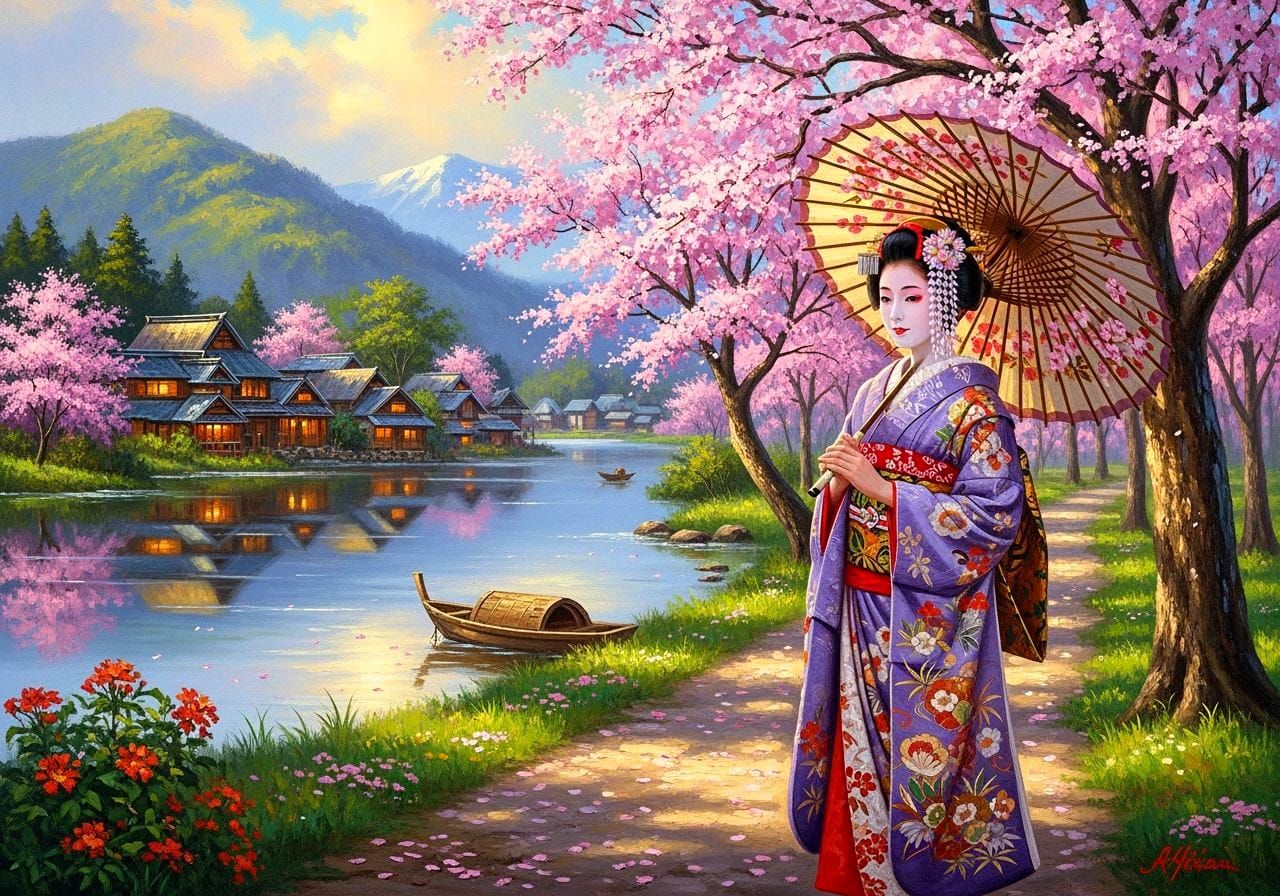 Geisha in Colorful Japanese Landscape Oil Painting