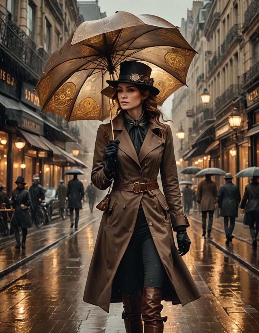 Steampunk Woman with Umbrella in Rainy Paris