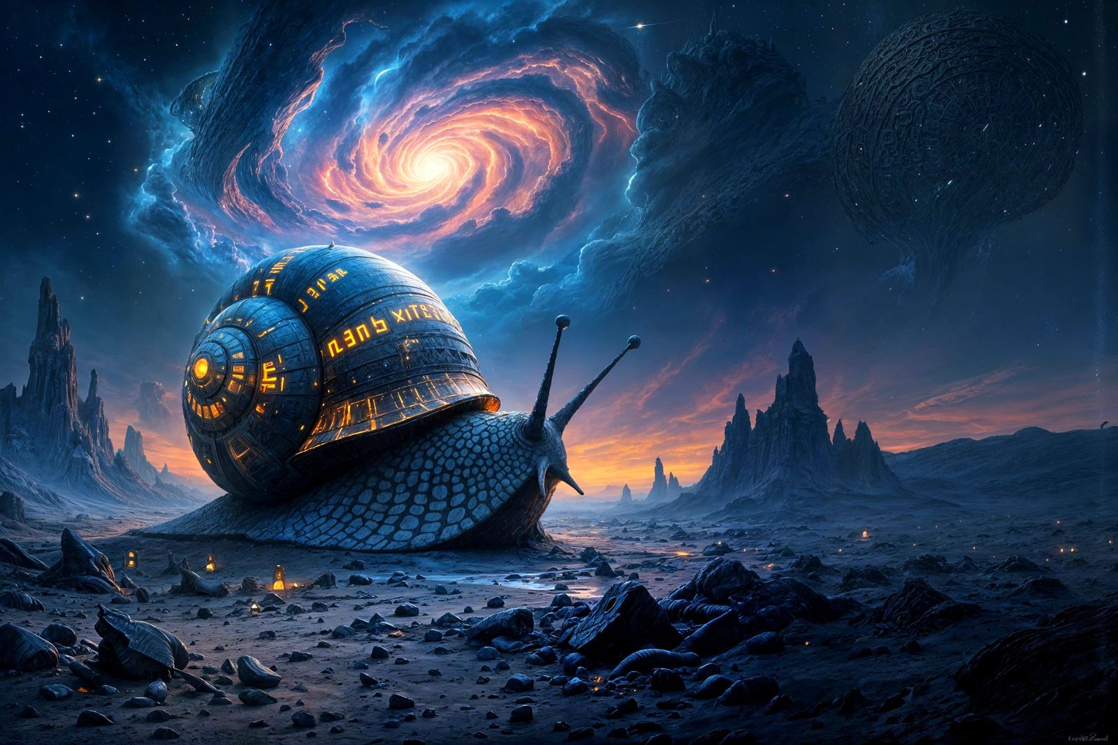 Cosmic Snail Explorer in Alien Landscape