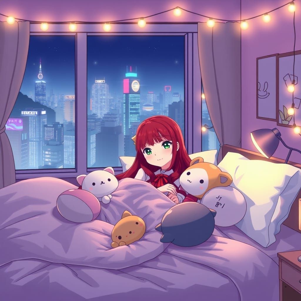 Anime Girl in Bed Overlooking Shibuya at Night