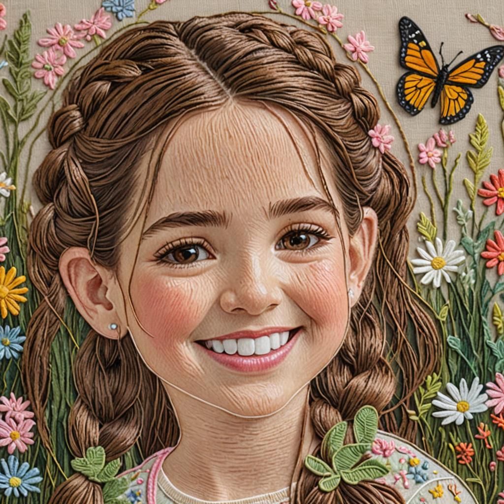 Delicate Embroidery Art of Girl with Butterfly