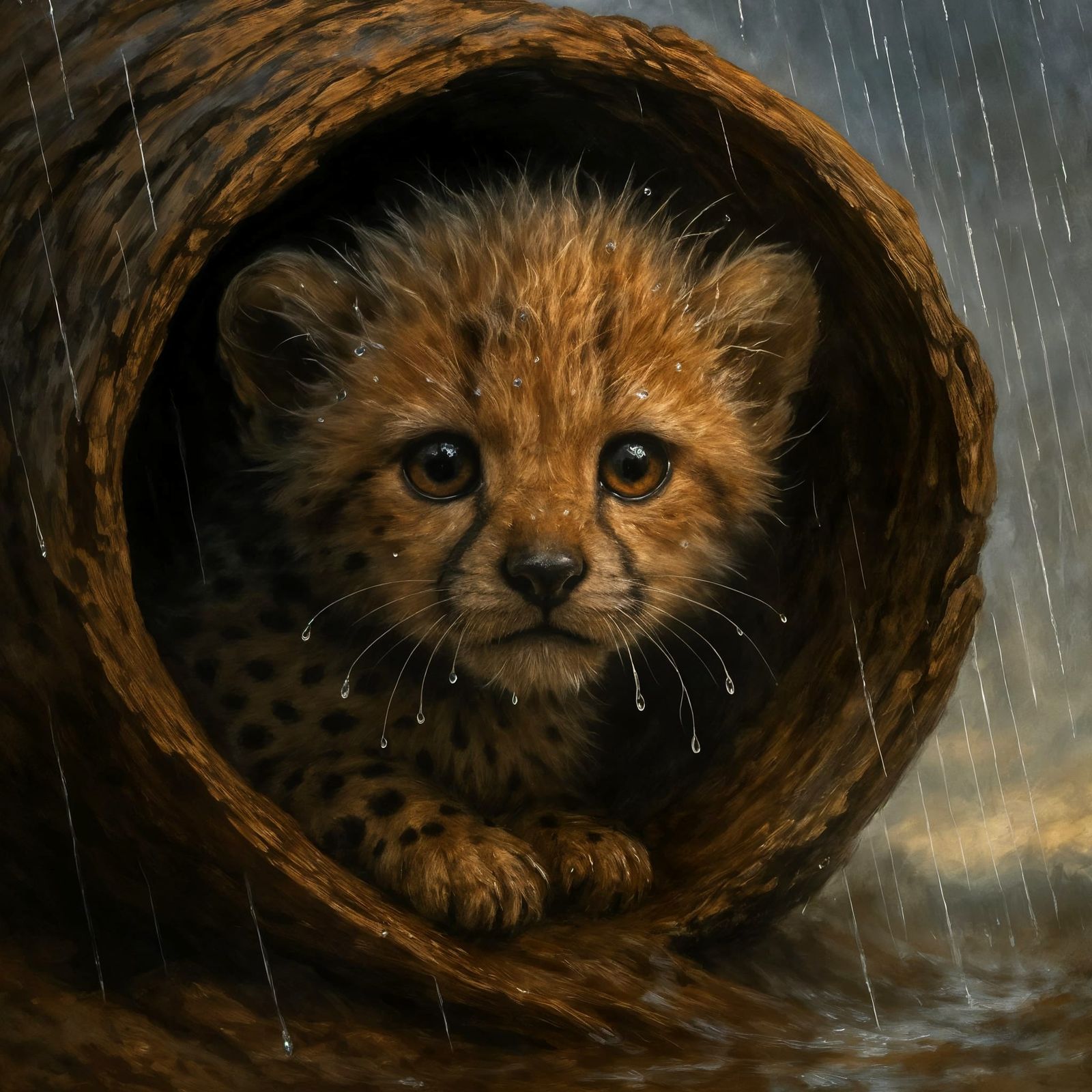 Cheetah Cub Peeking from Log During Rain Shower