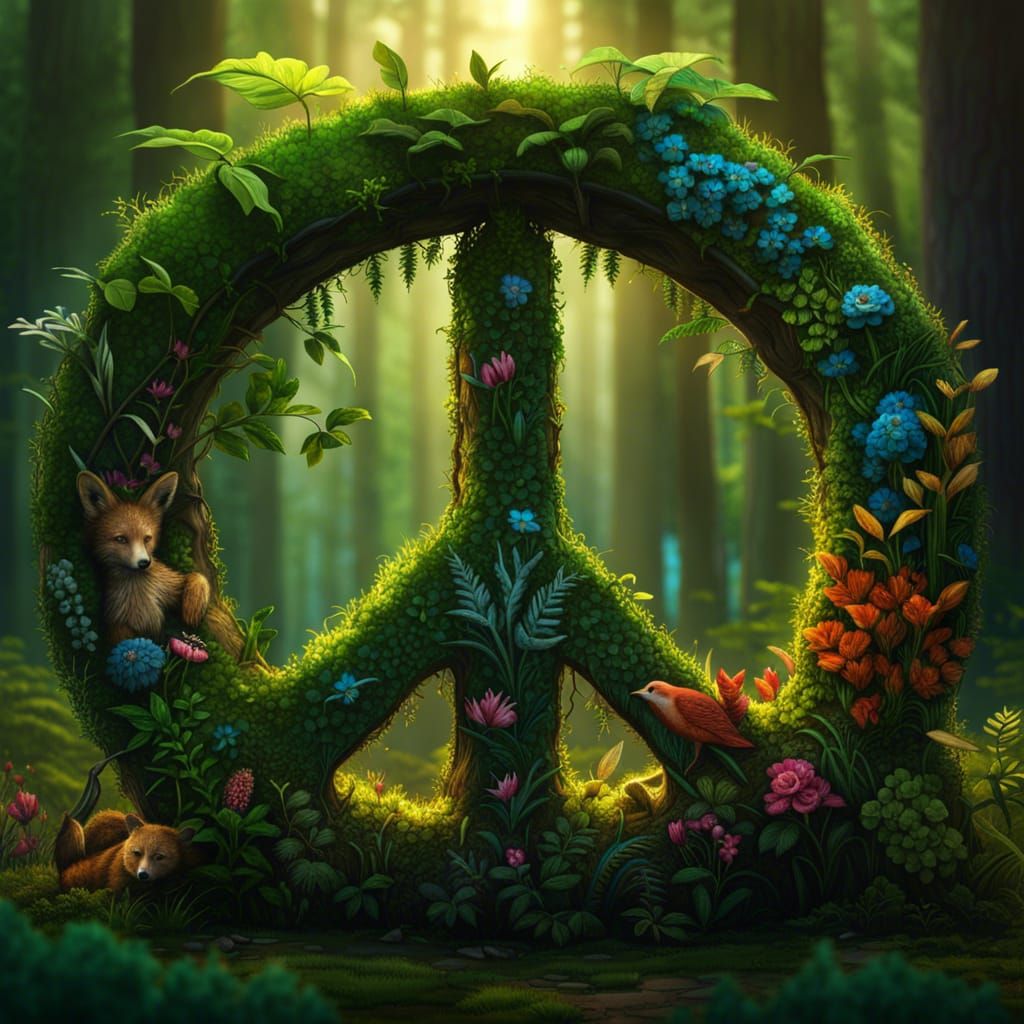 Forest Peace Symbol with Animals in Detailed Matte Painting