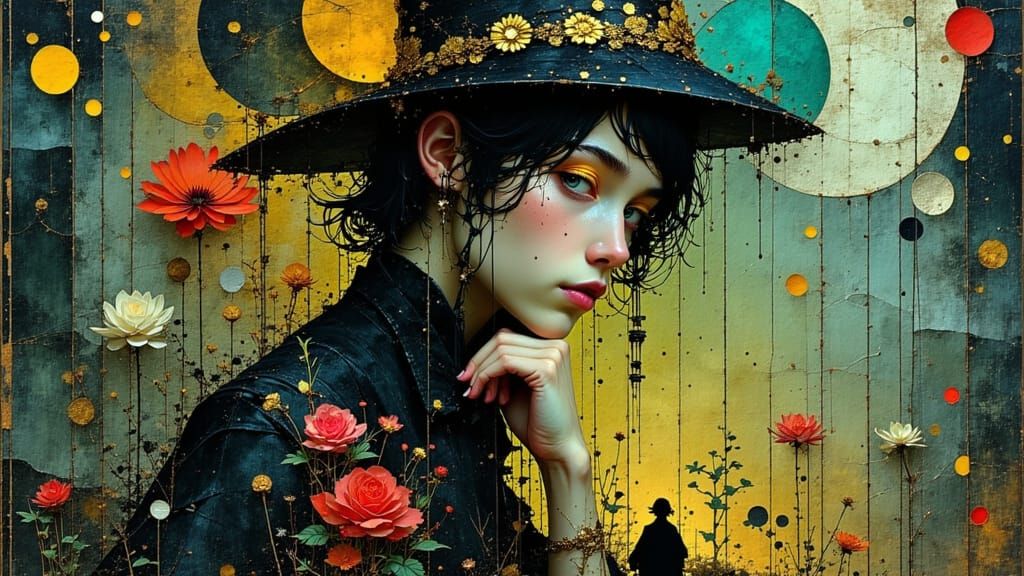 Contemplative Dreamer in Surreal Abstract Vortex