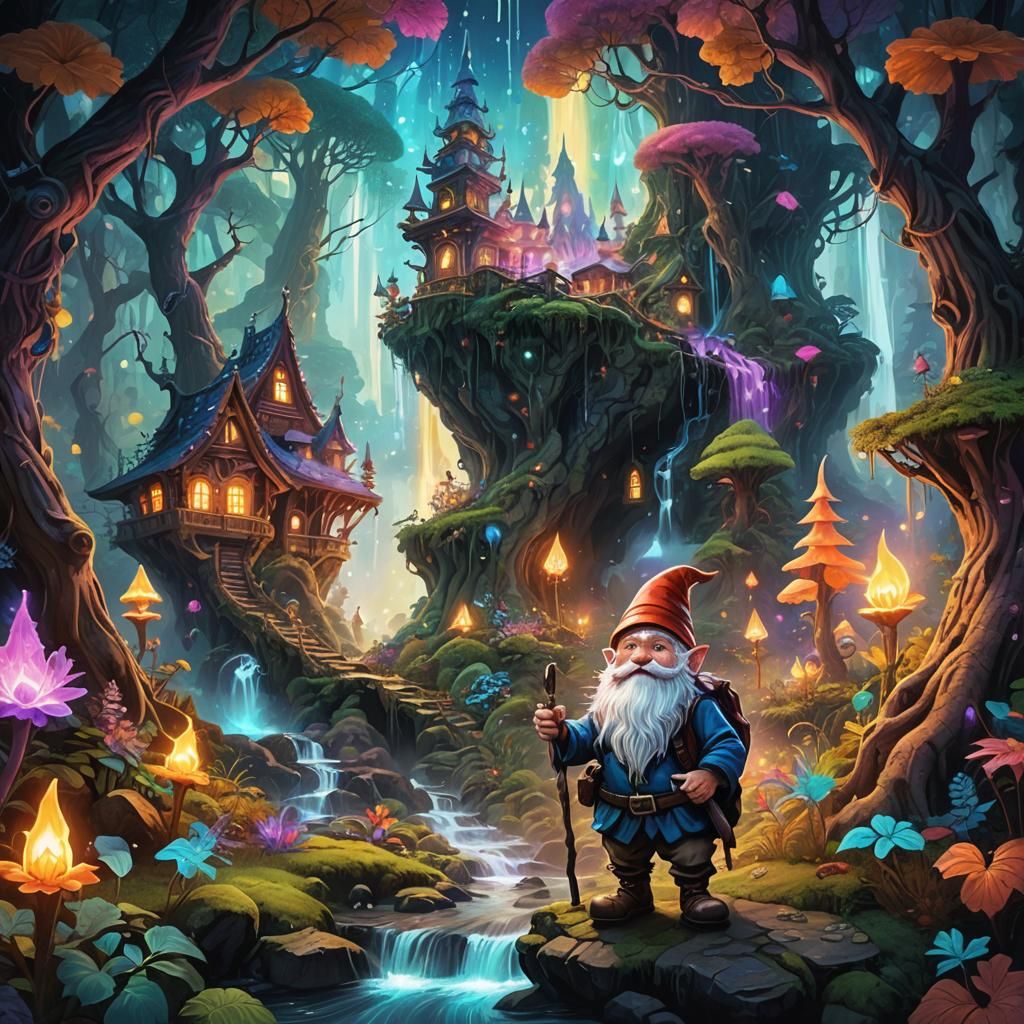 Surrealist Gnome Embarks on Whimsical Shambala Adventure