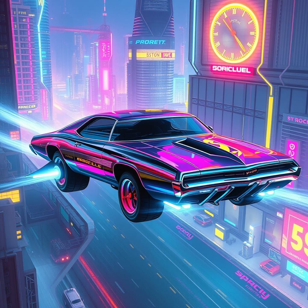 Flying 1970s Muscle Car in Dystopian Cityscape