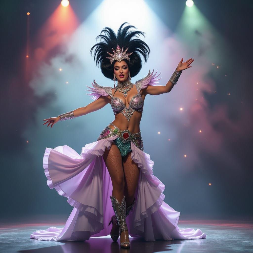 Showgirl with Celestial Hairstyle in Retro Glam Style