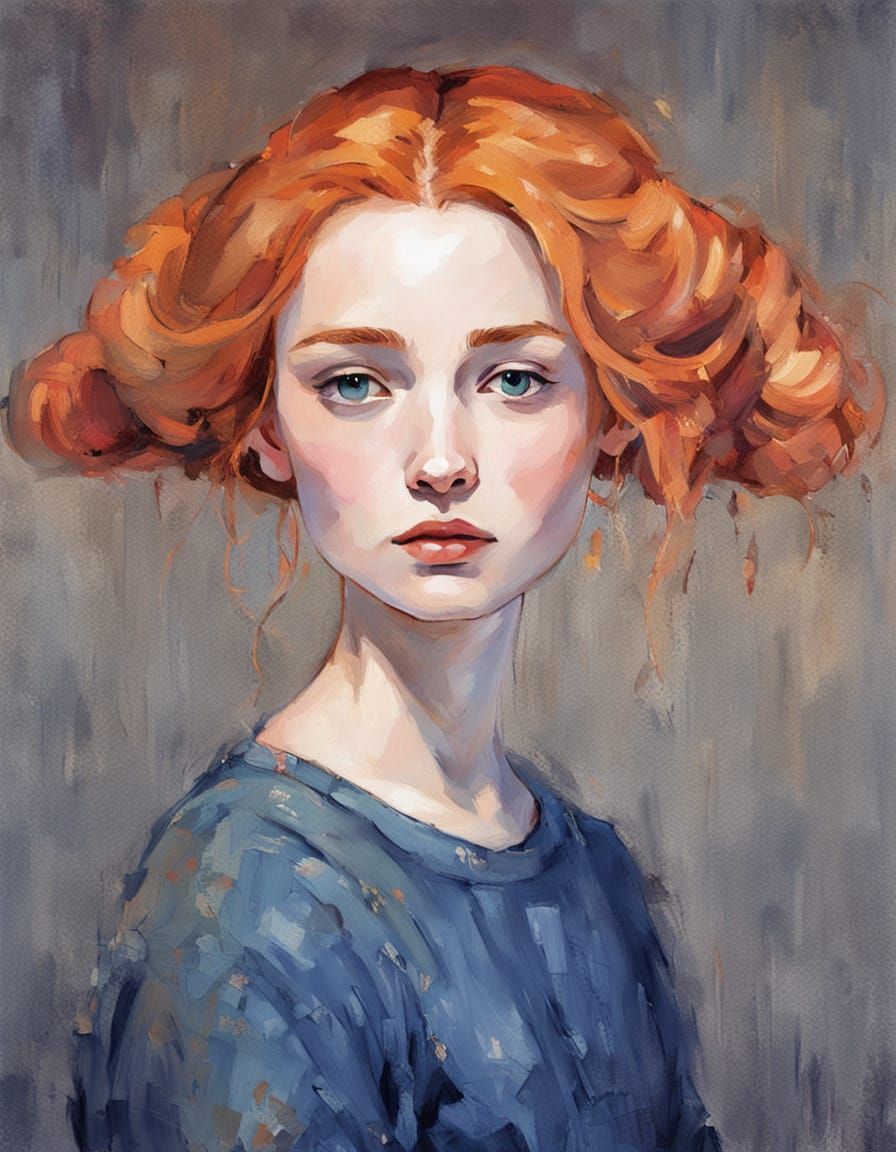 Woman in Warm Cozy Library with Ginger Hair in Impressionist...