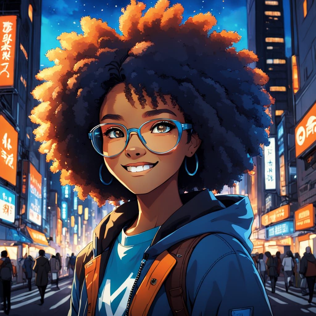Blasian Teenage Girl Shines in Anime Cityscape