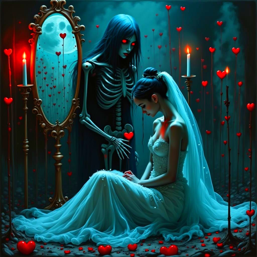 Ethereal Portrait of a Haunted Bride in a Decaying Chamber