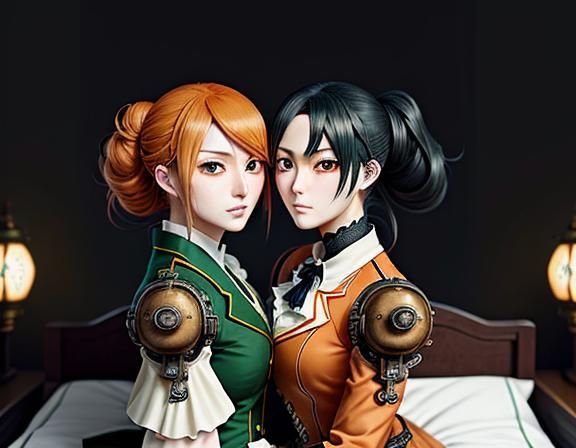 Kemono Twin Sisters Kissing in Steampunk Manga Style