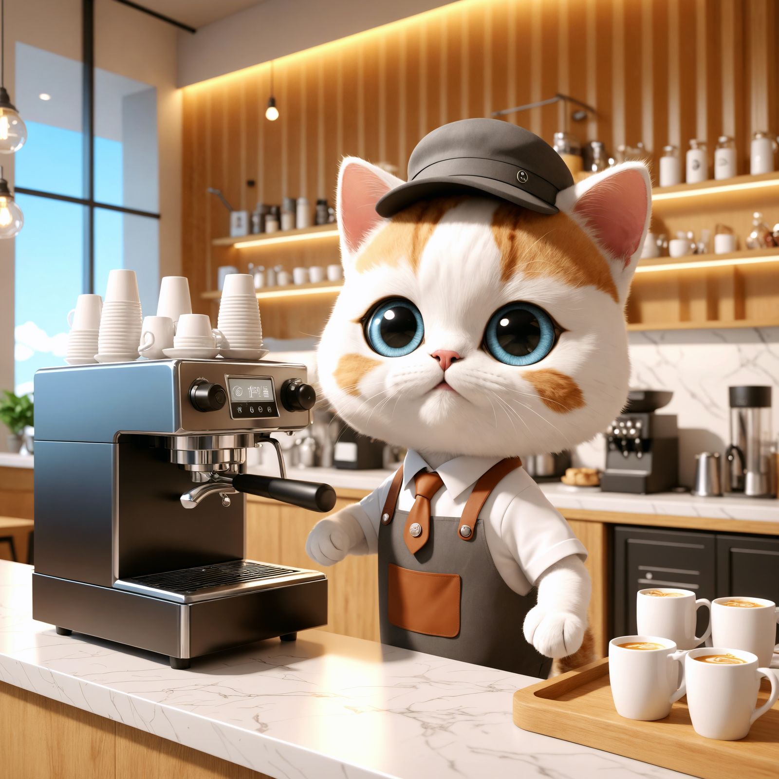 Cartoon Cat Barista in Modern CGI Cafe