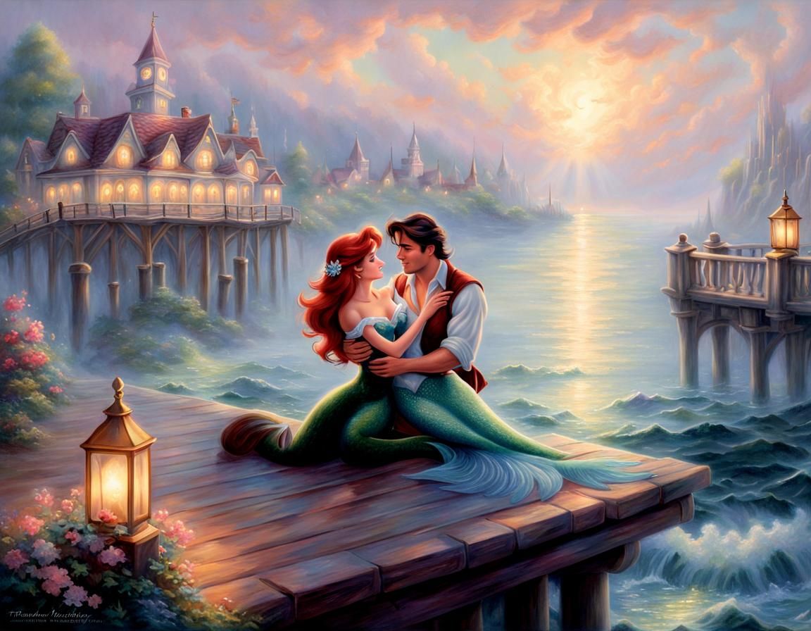 Romantic Mermaid Embrace on Pier: Ethereal Fantasy Art